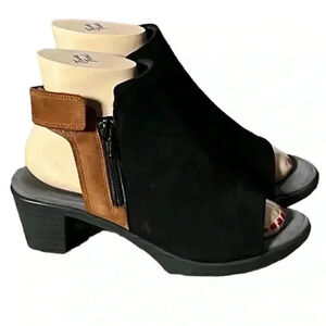 Naot Suede Ankle Bootie Open Toe Low Heel Colorblock Black Brown Sandal Size 38